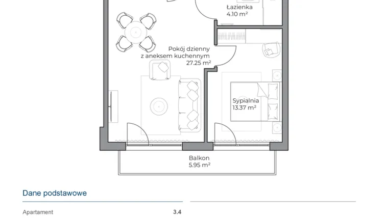 Rzut - Mieszkanie na sprzedaż 2 pokoje o powierzchni 44,78 m² - numer B.3.4 w Anchoria Holiday