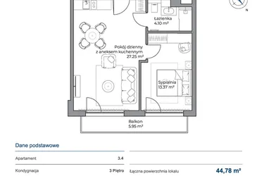 Rzut - Mieszkanie na sprzedaż 2 pokoje o powierzchni 44,78 m² - numer 3.4 w Anchoria Holiday