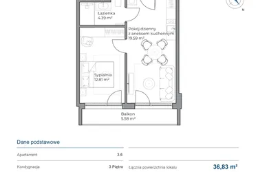 Rzut - Mieszkanie na sprzedaż 2 pokoje o powierzchni 36,83 m² - numer 3.6 w Anchoria Holiday