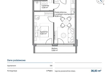 Rzut - Mieszkanie na sprzedaż 2 pokoje o powierzchni 36,83 m² - numer 3.6 w Anchoria Holiday