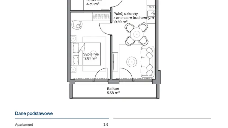 Rzut - Mieszkanie na sprzedaż 2 pokoje o powierzchni 36,83 m² - numer 3.6 w Anchoria Holiday