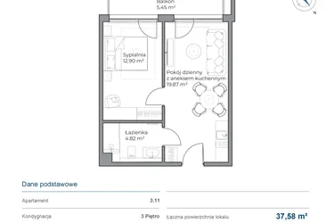 Rzut - Mieszkanie na sprzedaż 2 pokoje o powierzchni 37,58 m² - numer B.3.11 w Anchoria Holiday