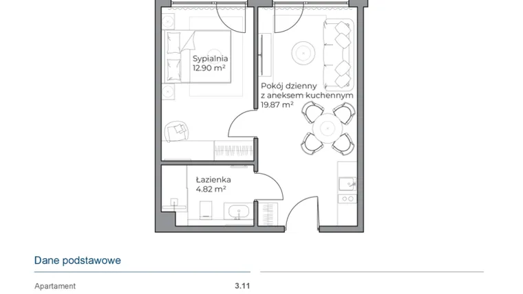 Rzut - Mieszkanie na sprzedaż 2 pokoje o powierzchni 37,58 m² - numer B.3.11 w Anchoria Holiday