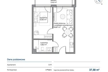 Rzut - Mieszkanie na sprzedaż 2 pokoje o powierzchni 37,58 m² - numer 3.11 w Anchoria Holiday