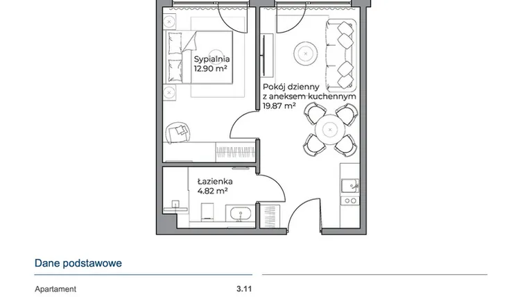 Rzut - Mieszkanie na sprzedaż 2 pokoje o powierzchni 37,58 m² - numer 3.11 w Anchoria Holiday