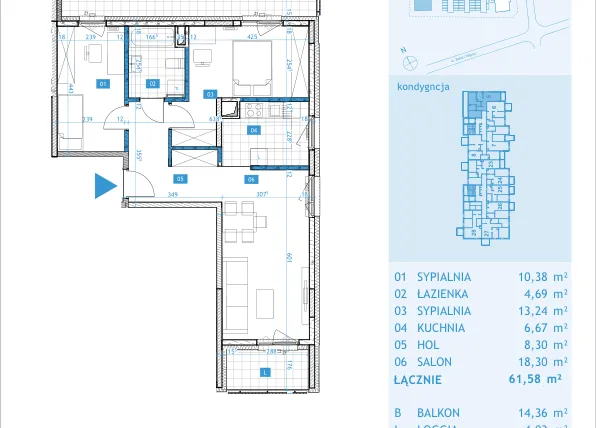 Rzut - Mieszkanie na sprzedaż 3 pokoje o powierzchni 64,03 m² - numer 5 w Osiedle Botaników etap D