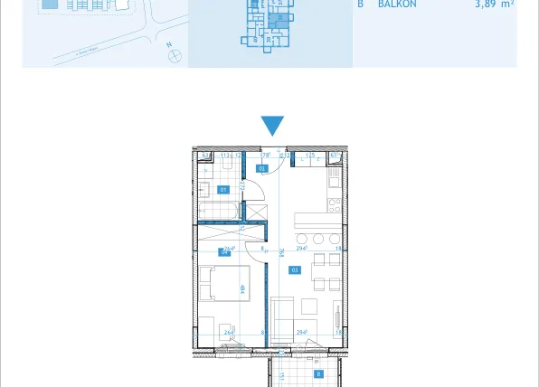 Rzut - Mieszkanie na sprzedaż 2 pokoje o powierzchni 42,49 m² - numer 38 w Osiedle Botaników etap D