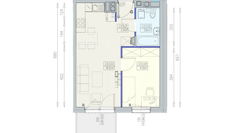 Rzut - Mieszkanie na sprzedaż 2 pokoje o powierzchni 35,63 m² - numer K1 2/0/5/2a w Południk 17 - budynek K1