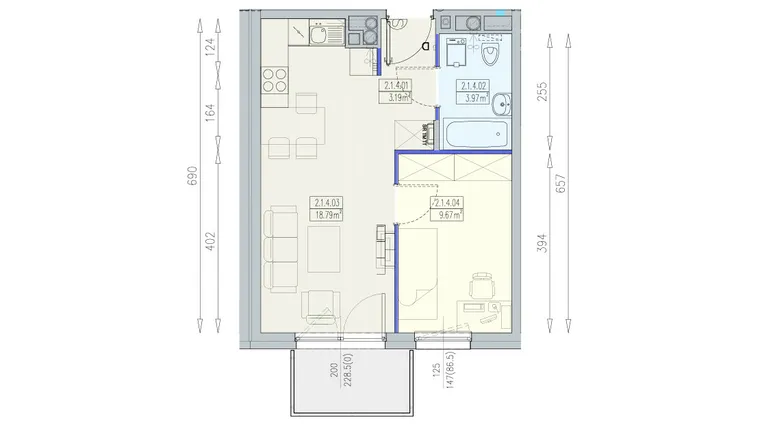 Rzut - Mieszkanie na sprzedaż 2 pokoje o powierzchni 35,62 m² - numer K1 2/1/4/2a w Południk 17 - budynek K1