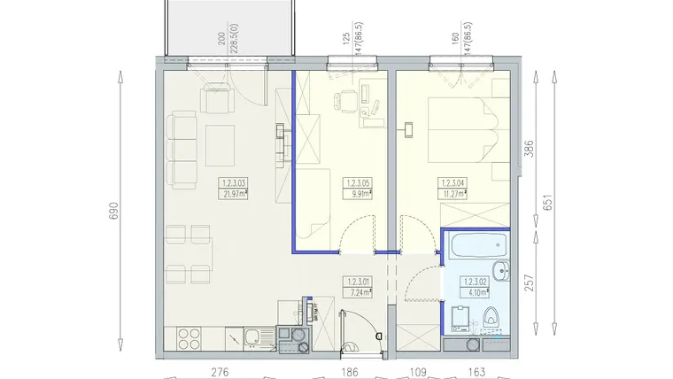 Rzut - Mieszkanie na sprzedaż 3 pokoje o powierzchni 54,48 m² - numer K1 1/2/3/3a w Południk 17 - budynek K1