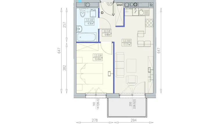 Rzut - Mieszkanie na sprzedaż 2 pokoje o powierzchni 36,9 m² - numer K1 3/2/3/2a w Południk 17 - budynek K1
