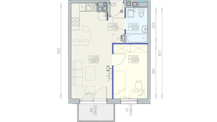 Rzut - Mieszkanie na sprzedaż 2 pokoje o powierzchni 35,63 m² - numer K1 1/3/5/2a w Południk 17 - budynek K1