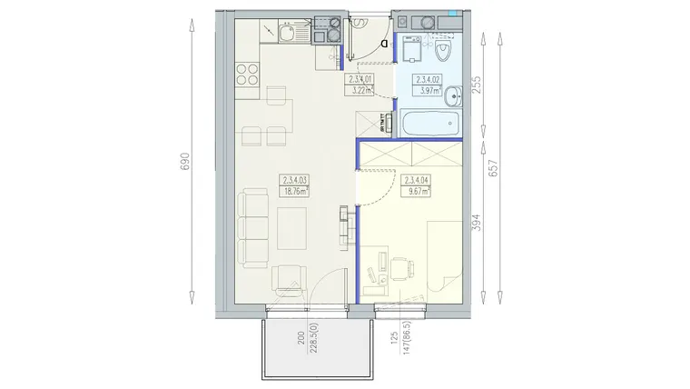 Rzut - Mieszkanie na sprzedaż 2 pokoje o powierzchni 35,62 m² - numer K1 2/3/4/2a w Południk 17 - budynek K1