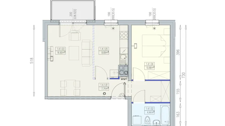 Rzut - Mieszkanie na sprzedaż 2 pokoje o powierzchni 48,85 m² - numer K1 1/4/1/2k w Południk 17 - budynek K1