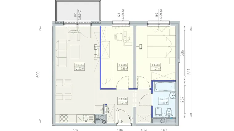 Rzut - Mieszkanie na sprzedaż 3 pokoje o powierzchni 54,49 m² - numer K1 1/4/3/3a w Południk 17 - budynek K1