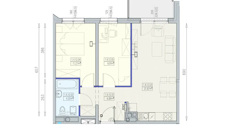 Rzut - Mieszkanie na sprzedaż 3 pokoje o powierzchni 54,24 m² - numer K1 1/4/12/3a w Południk 17 - budynek K1