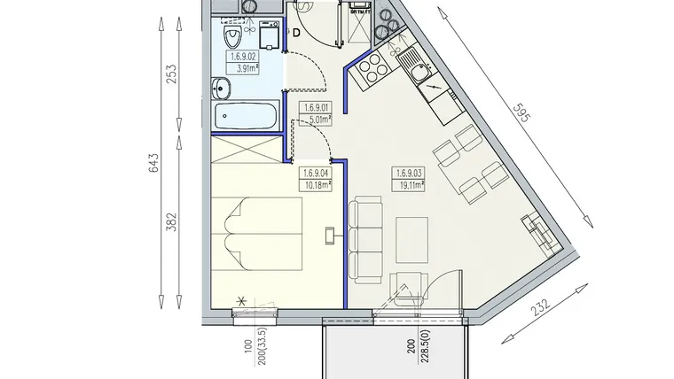 Rzut - Mieszkanie na sprzedaż 2 pokoje o powierzchni 38,21 m² - numer K1 1/6/9/2a w Południk 17 - budynek K1