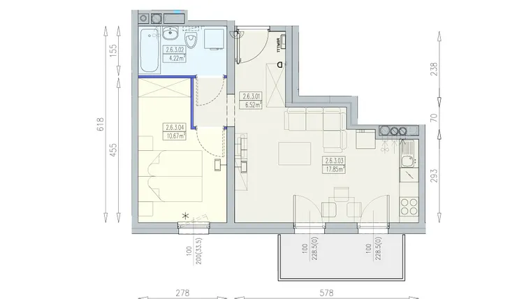 Rzut - Mieszkanie na sprzedaż 2 pokoje o powierzchni 39,26 m² - numer K1 2/6/3/2a w Południk 17 - budynek K1