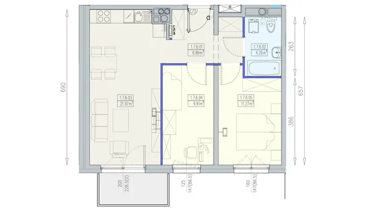 Rzut - Mieszkanie na sprzedaż 3 pokoje o powierzchni 54,24 m² - numer K1 1/7/6/3a w Południk 17 - budynek K1