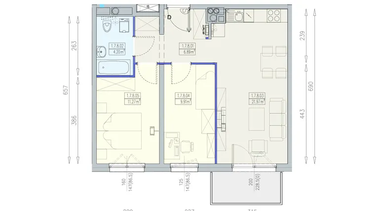 Rzut - Mieszkanie na sprzedaż 3 pokoje o powierzchni 54,24 m² - numer K1 1/7/8/3a w Południk 17 - budynek K1
