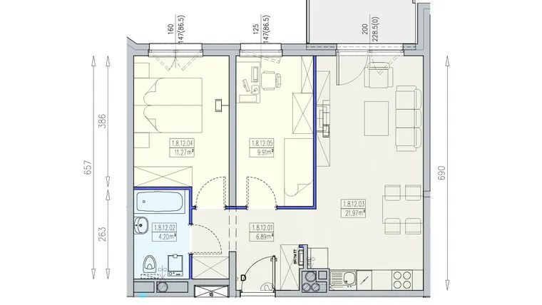 Rzut - Mieszkanie na sprzedaż 3 pokoje o powierzchni 54,24 m² - numer K1 1/8/12/3a w Południk 17 - budynek K1
