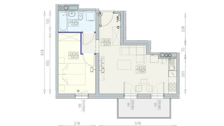 Rzut - Mieszkanie na sprzedaż 2 pokoje o powierzchni 39,26 m² - numer K1 2/8/3/2a w Południk 17 - budynek K1