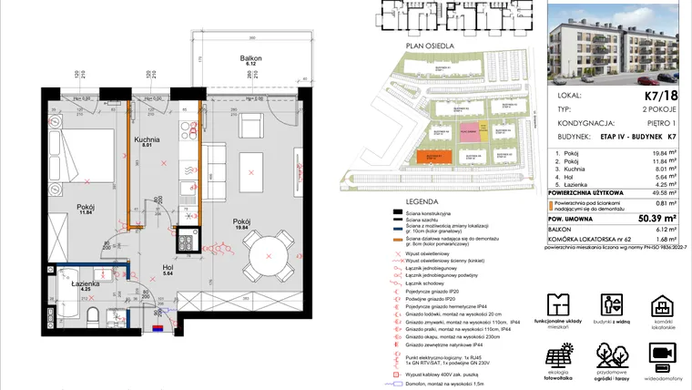 Rzut - Mieszkanie na sprzedaż 2 pokoje o powierzchni 49,53 m² - numer K7/18 w Kleszczewo Park - etap IV