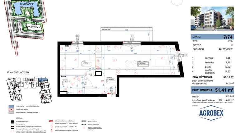 Rzut - Mieszkanie na sprzedaż 2 pokoje o powierzchni 51,17 m² - numer 7/74 w Nove Garby