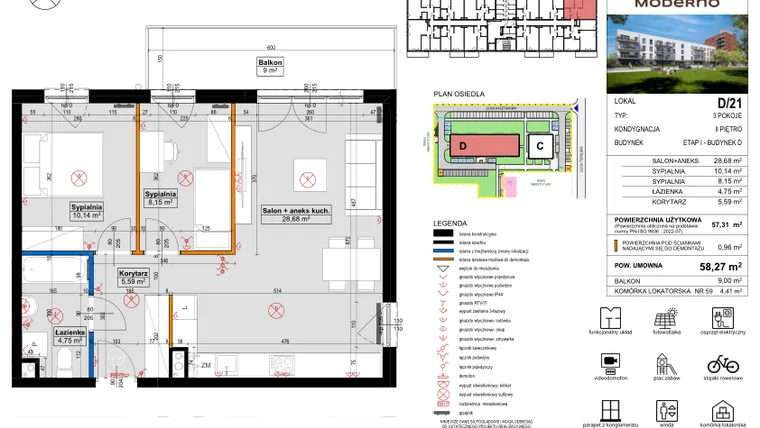 Rzut - Mieszkanie na sprzedaż 3 pokoje o powierzchni 56,77 m² - numer D.21 w Osiedle Moderno