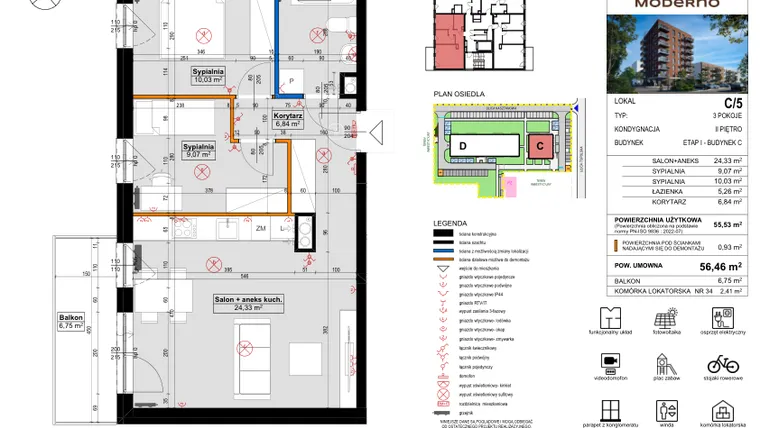 Rzut - Mieszkanie na sprzedaż 3 pokoje o powierzchni 54,99 m² - numer C.5 w Osiedle Moderno