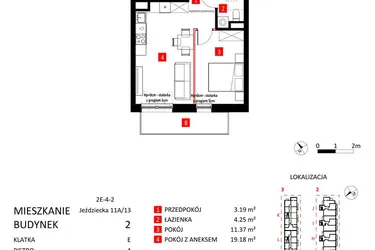 Rzut - Mieszkanie na sprzedaż 2 pokoje o powierzchni 37,99 m² - numer AJ_11A/13 w Apartamenty Jeździecka