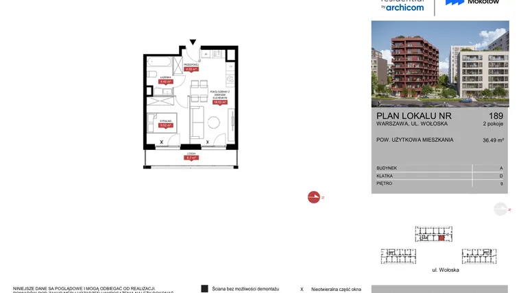 Rzut - Mieszkanie na sprzedaż 2 pokoje o powierzchni 36,49 m² - numer A.189 w Modern Mokotów etap 1 budynek A, B1 i B2