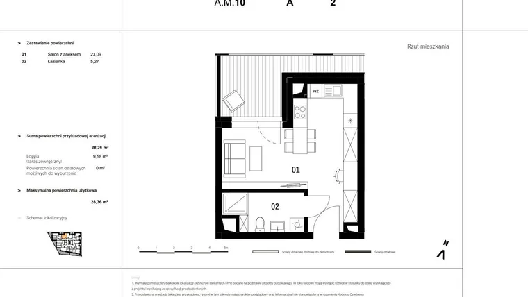 Rzut - Mieszkanie na sprzedaż 1 pokój o powierzchni 29,13 m² - numer A.M.10 w VIDOK