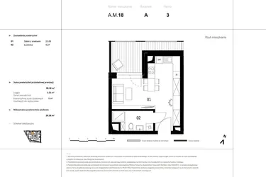 Rzut - Mieszkanie na sprzedaż 1 pokój o powierzchni 29,13 m² - numer A.M.18 w VIDOK