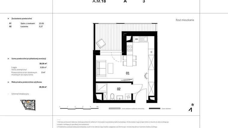 Rzut - Mieszkanie na sprzedaż 1 pokój o powierzchni 29,13 m² - numer A.M.18 w VIDOK
