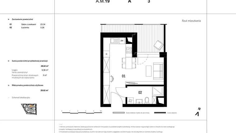 Rzut - Mieszkanie na sprzedaż 1 pokój o powierzchni 29,24 m² - numer A.M.19 w VIDOK