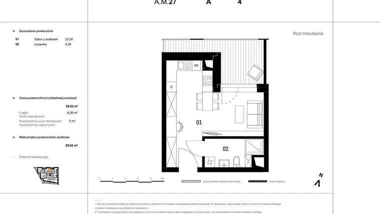 Rzut - Mieszkanie na sprzedaż 1 pokój o powierzchni 29,24 m² - numer A.M.27 w VIDOK