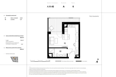 Rzut - Mieszkanie na sprzedaż 1 pokój o powierzchni 29,34 m² - numer A.M.42 w VIDOK