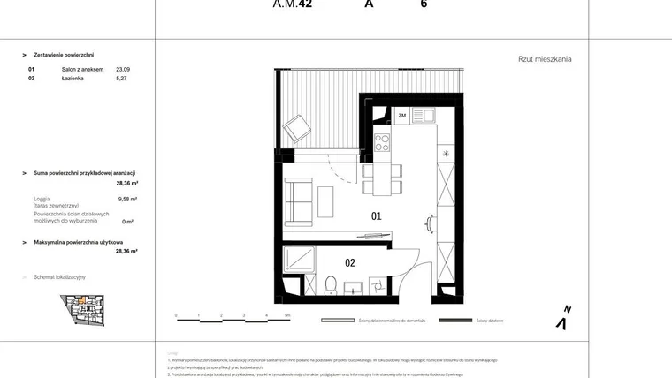 Rzut - Mieszkanie na sprzedaż 1 pokój o powierzchni 29,34 m² - numer A.M.42 w VIDOK