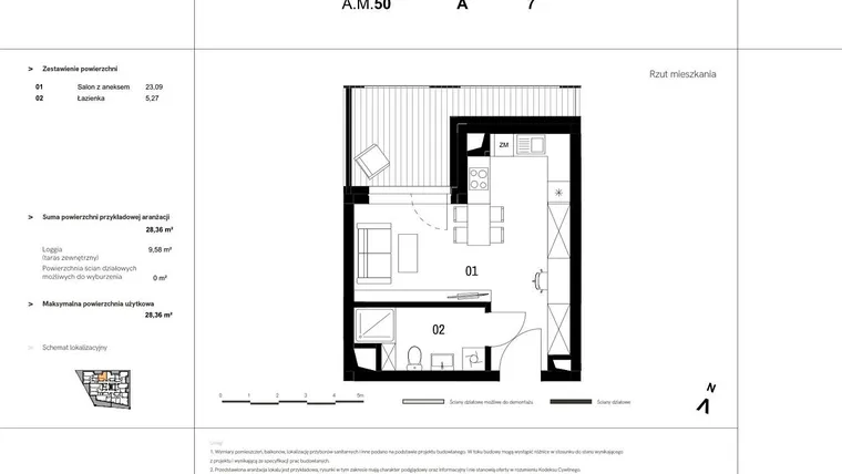 Rzut - Mieszkanie na sprzedaż 1 pokój o powierzchni 29,34 m² - numer A.M.50 w VIDOK