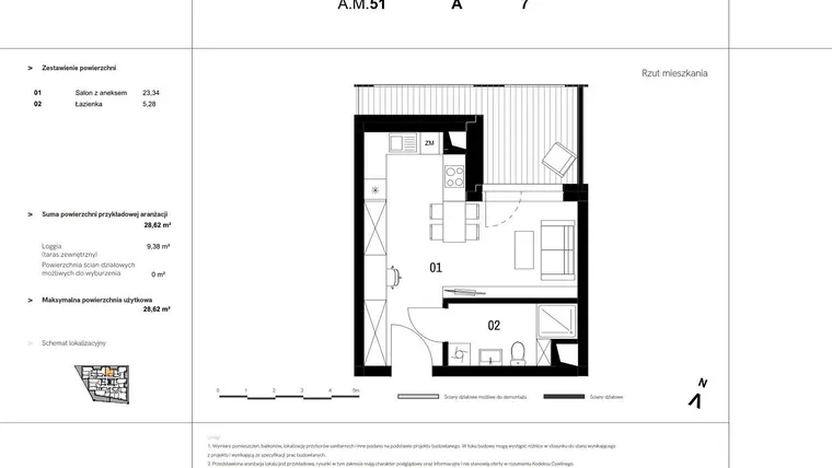 Rzut - Mieszkanie na sprzedaż 1 pokój o powierzchni 29,45 m² - numer A.M.51 w VIDOK