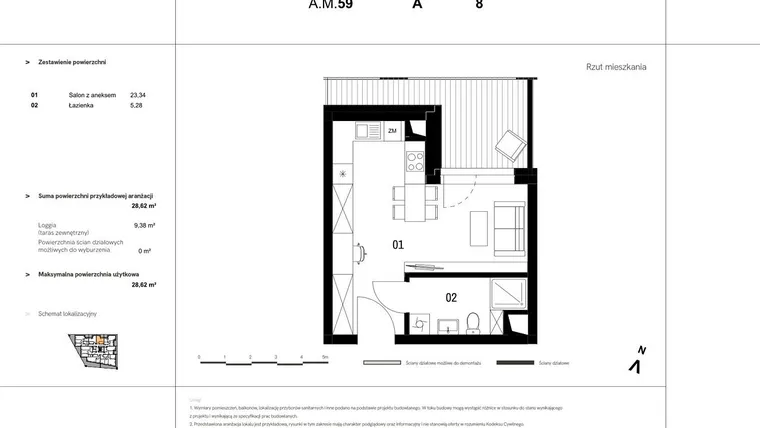 Rzut - Mieszkanie na sprzedaż 1 pokój o powierzchni 29,45 m² - numer A.M.59 w VIDOK