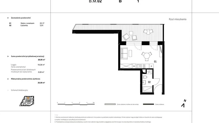 Rzut - Mieszkanie na sprzedaż 1 pokój o powierzchni 45,43 m² - numer B.M.02 w VIDOK