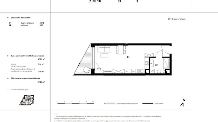 Rzut - Mieszkanie na sprzedaż 1 pokój o powierzchni 30,9 m² - numer B.M.10 w VIDOK
