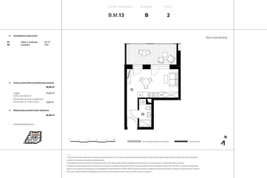 Rzut - Mieszkanie na sprzedaż 1 pokój o powierzchni 34,12 m² - numer B.M.13 w VIDOK