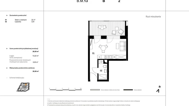 Rzut - Mieszkanie na sprzedaż 1 pokój o powierzchni 34,12 m² - numer B.M.13 w VIDOK