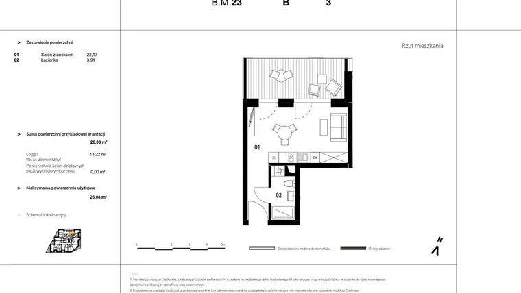 Rzut - Mieszkanie na sprzedaż 1 pokój o powierzchni 34,12 m² - numer B.M.23 w VIDOK