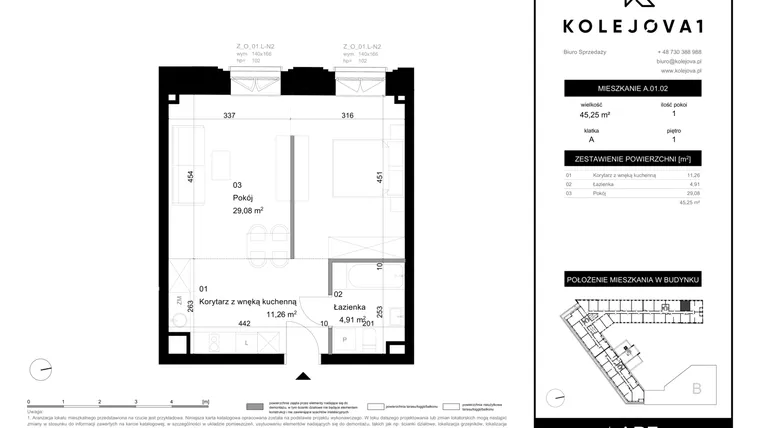 Rzut - Mieszkanie na sprzedaż 2 pokoje o powierzchni 45,25 m² - numer A-01-02 w Kolejova 1