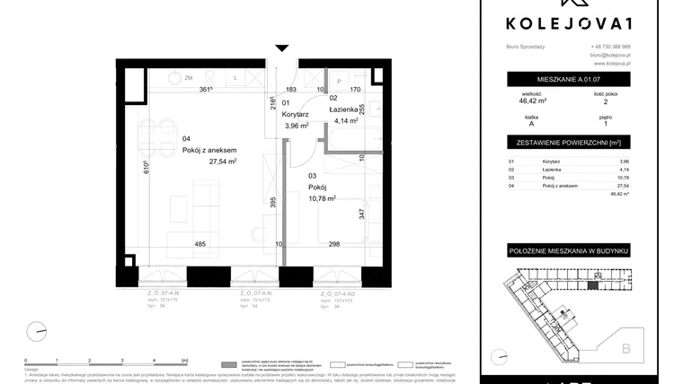 Rzut - Mieszkanie na sprzedaż 2 pokoje o powierzchni 46,42 m² - numer A-01-07 w Kolejova 1