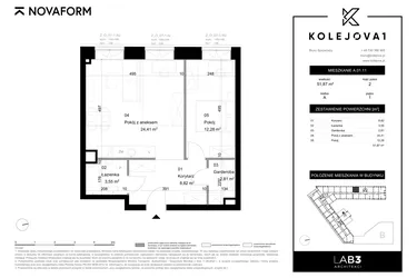 Rzut - Mieszkanie na sprzedaż 2 pokoje o powierzchni 51,87 m² - numer A-01-11 w Kolejova 1